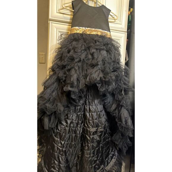 Custom Made Girl's Sequined Waist & Bow Hi-Low Hem Dress Gown Black Gold Small - Picture 6 of 16